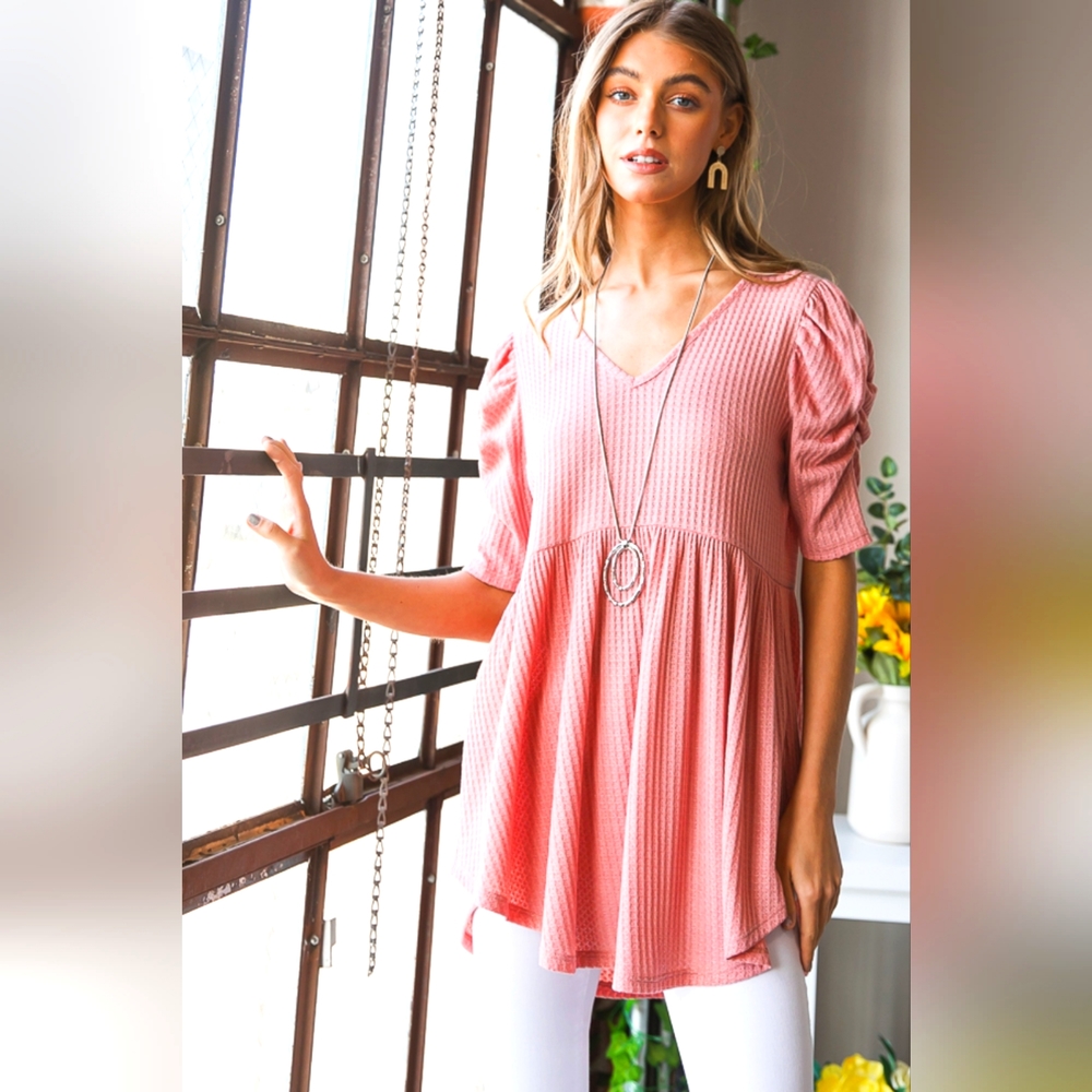 New Launch From Designer HEIMISH Full Size Waffle Knit V-Neck Babydoll Top